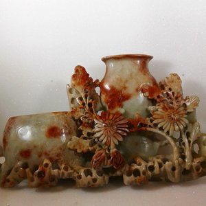 VINTAGE ORIENTAL SOAPSTONE SCULPTURE COLORFUL AND COMPLEX